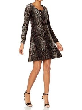 Karen Kane Black Brown Velvet Burnout Long-Sleeve Metallic Snake Print Dress  S